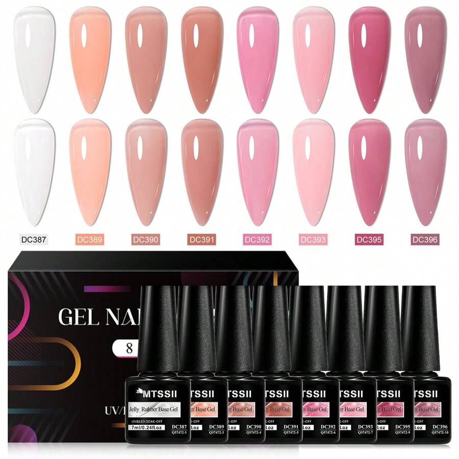 8PCS/Set 7ml Natural Nude Rubber Base Gel Nail Polish,Nail Supplies Milky Pink Jelly White Glitter Semi Permanent Soak Off UV LED Nails Gel Varnish With Gift Box