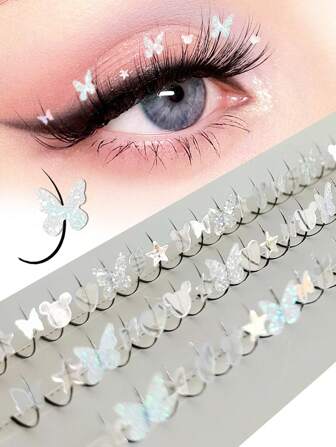 60 片 D 卷夏季银色蝴蝶仙子睫毛闪亮星星睫毛闪光音乐节睫毛 10-15 毫米睫毛簇、睫毛簇、单根睫毛、睫毛、假睫毛