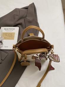 1pc Lychee Grain Solid Color Fashionable Buckle Zipper PU Tote Shoulder Bag, With Decorative Scarf, Suitable For Daily Use - Khaki - View 6