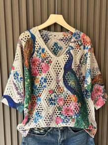 Women's Loose Fit V-Neck Hollow Out Knitted Tops With Graphic Prints - Apricot - View 1