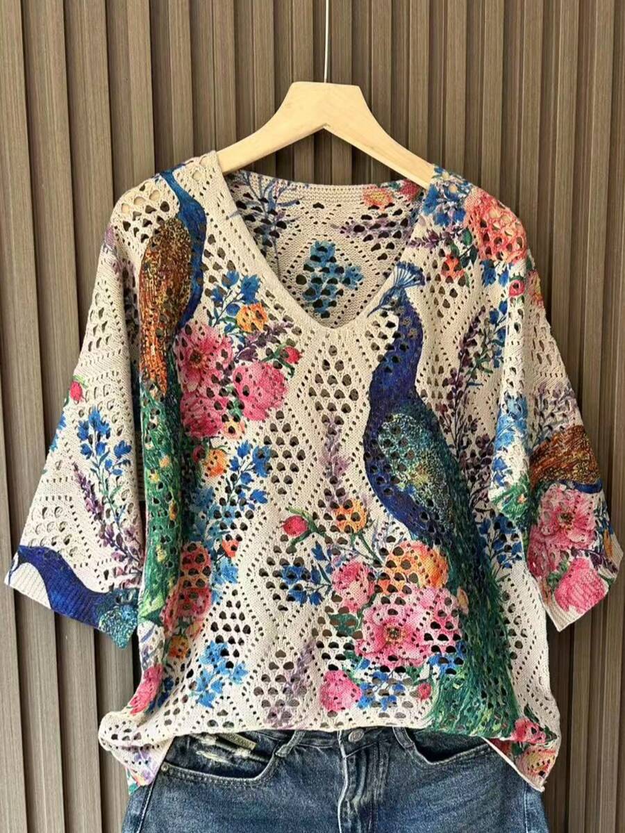 Women's Loose Fit V-Neck Hollow Out Knitted Tops With Graphic Prints - Apricot - View 1