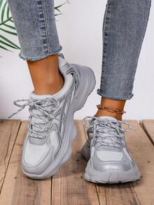 1 Pair Of Women's Sports Shoes Breathable, Comfortable And Lightweight Thick Sole Mesh Fashion Fabric Leather Stitching Silver Casual Running Shoes Suitable For Spring/Summer Fitness Travel - Silver - View 6