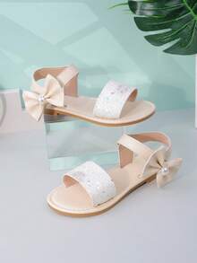 1 Paar kuschelige Pixies Gold Schleifenverzierte süße Prinzessinnenstil Flache Sandalen für Baby Mädchen & Kleinkinder für Frühling/Sommer