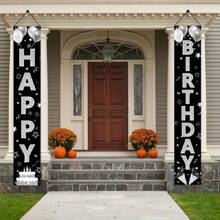 2pcs 1 Pair Of 2D Door Signs Polyester Happy Birthday Door Signs, 12x71 Inches, No Electricity Required, Suitable For Party Decoration, Black And Silver