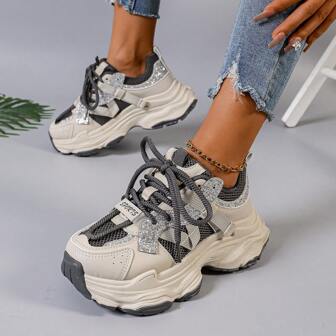 1 Pair Women's Beige Chunky Sneakers, 225 New Chunky Sneakers, Platform Soft Bottom Casual Fashion Sports Shoes