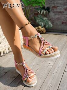WRCVS 女士粉色编织带凉鞋，厚坡跟，手工串珠编织鞋底，轻便，度假波西米亚风格厚底户外凉鞋 - 粉色 - 查看 4