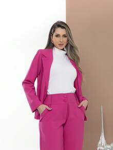 Women's Blazer And Tailored Pants Set - Hot Pink - View 5