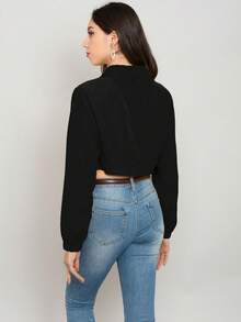 Chaqueta corta crop top ligera unicolor tipo cargo para mujer de moda - Negro - Ver 6