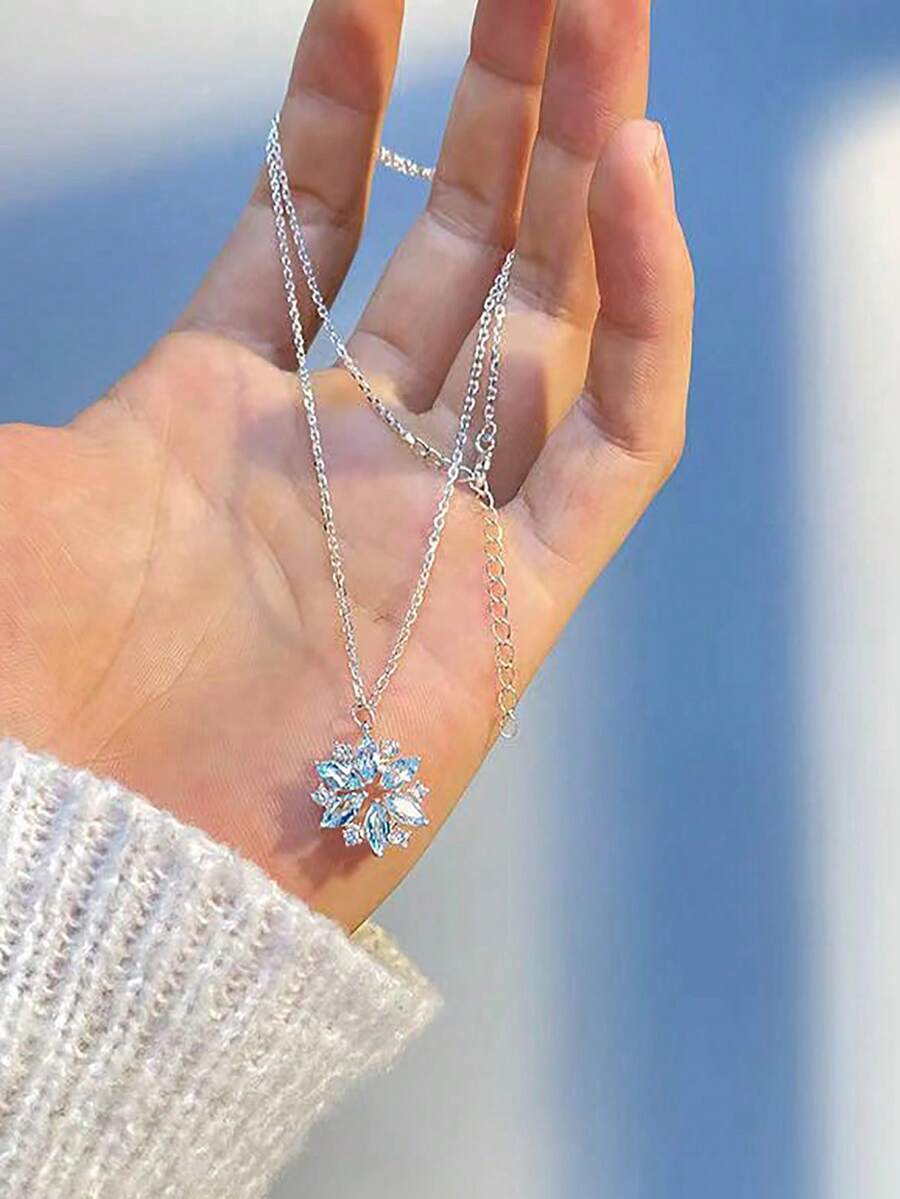 1件精美獨特的淺藍色雪花吊墜項鍊,完美作為生日禮物 - 銀色 - 查看 1