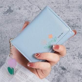 Portefeuille compact de pièce de monnaie à motif tulipe pour femmes, mini portefeuille, porte-monnaie, petit portefeuille, portefeuille mignon
