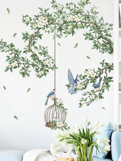 2 件 PVC 墙贴，现代鸟类和花朵图案防水，可移除自粘贴花，适用于客厅、卧室、家庭办公室、贴纸、墙贴花、乙烯基贴花，用于家庭装饰、春季装饰品让您的家焕然一新、Rama 装饰贴纸礼物生日毕业