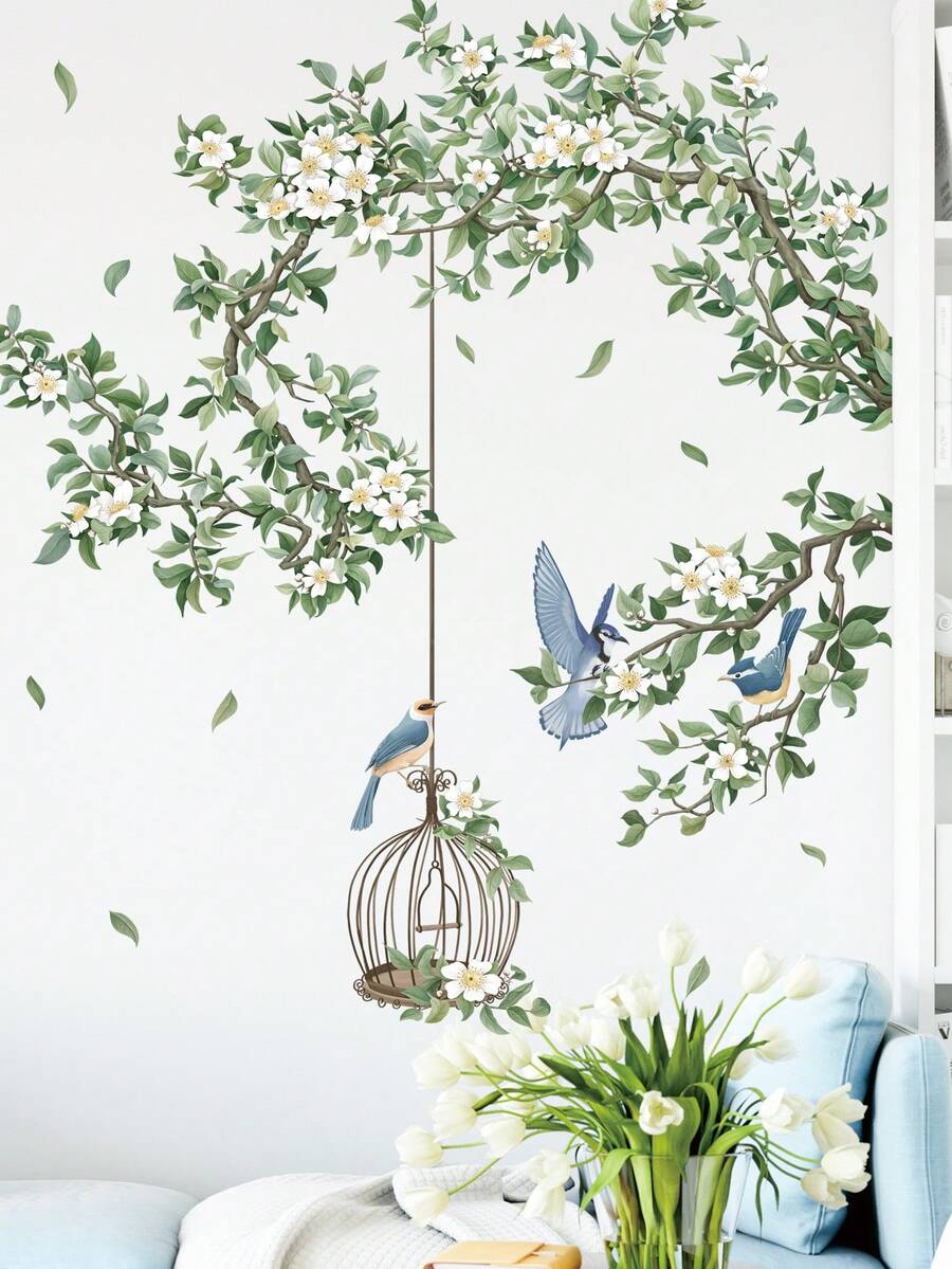 2 件 PVC 墙贴，现代鸟类和花朵图案防水，可移除自粘贴花，适用于客厅、卧室、家庭办公室、贴纸、墙贴花、乙烯基贴花，用于家庭装饰、春季装饰品让您的家焕然一新、Rama 装饰贴纸礼物生日毕业