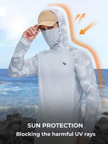 RODEEL Men's Hooded T-Shirt Sun Protection Clothes With Face Mask Color Block Printing Raglan Quick Dry Breathable Long Sleeve Suitable For Outdoor Fishing And Hiking Adventure Water Sports - Light Grey - View 6