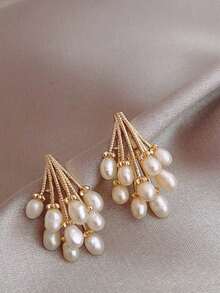 1 对时尚优雅巴洛克珍珠耳环 - 金色 - 查看 2