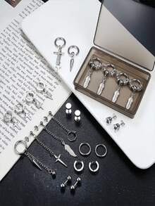22pcs Gothic Style Stainless Steel Ear Studs Piercing Earrings Set, Best Accessories For Men For Daily Wear And Travel