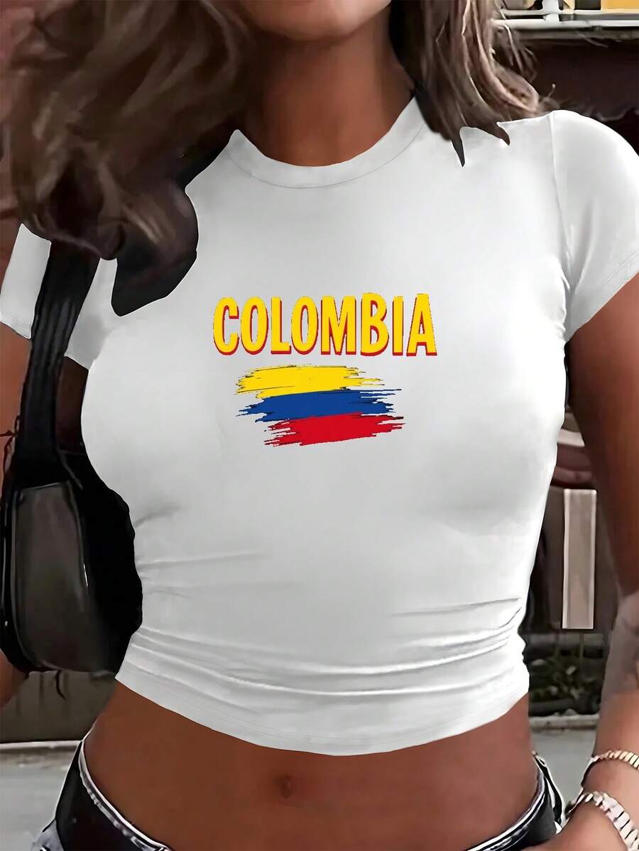 Colombia Pride Flag Crop Tee Retro Graphic Street Top - White - View 1