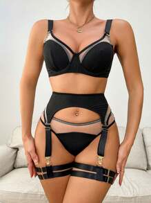 Conjunto de lencería sexy para mujer compuesto por 3 piezas: corpiño con encaje floral, sujetador y liguero con soporte de acero