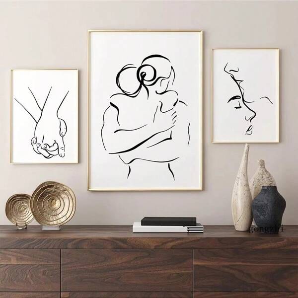 1pc/3PCS Wall Arts Posters Frameless/Framed Modern Romantic Love Couple Line Poster Kissing Hugging Holding Hands Canvas Painting And Printmaking Wall Art Living Room Decoration