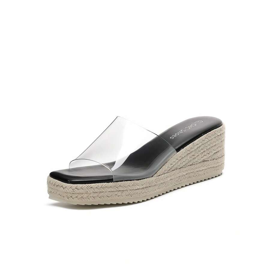Damen Urlaubs-Boho-Stil Keilabsatz Lässig Pantoletten Sommer Sandalen für Frauen - Schwarz - Übersicht 1