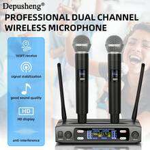 Depusheng X2 Wireless Microphone UHF Handheld Dual Channels Dynamic Mic For Karaoke Wedding Party Band Show Church - 黑色 - 查看 2