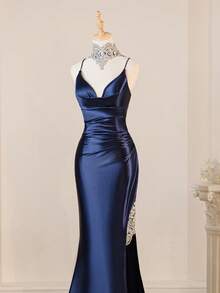 Spaghetti Strap Elegant Navy Blue Sexy Deep V-Neck High Slit Fitted Prom Gown Bridesmaid Dress For Party - Navy Blue - View 2