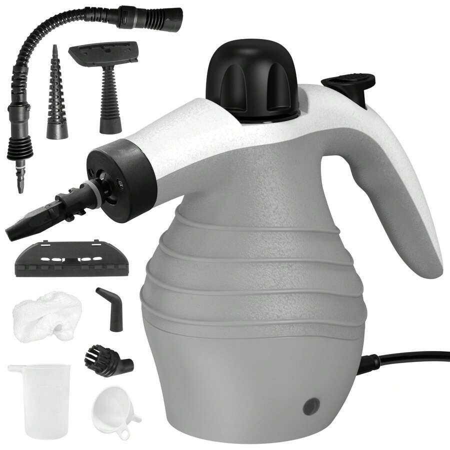 PANCERKA Limpador elétrico a vapor multiuso com limpador de acessórios de 9 peças, esfregão de limpeza e higienização a vapor de alta temperatura, exaustor portátil, limpador a vapor de alta pressão para remoção de manchas, carpetes, cortinas, assentos de carro, pisos e limpeza de janelas - Plugue tipo UE E (220-240V) - Ver 1