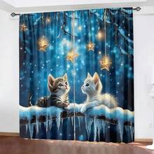 2pcs Polyester High-Definition Digital Print Starry Cat Pattern Blackout Curtains, Suitable For Bedroom, Living Room, Office And Home Decor, Rod Pocket Design - Multicolor - View 4