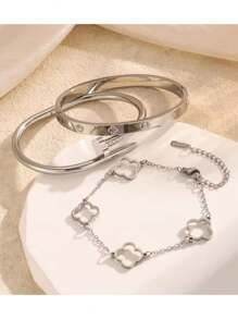 1 Set 3pcs Stainless Steel Minimalistic Floral Hollow Design Bangle Bracelets, Fashion Elegant Creative Personalized Gift For Women Daily Wear
