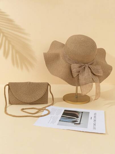 2PCs Women Khaki Wavy Bow Straw Sun Hat And Beach Tote Bag Set With Pouch, Casual Fashionable Accessory For Travel & Holiday Valentines Gift
