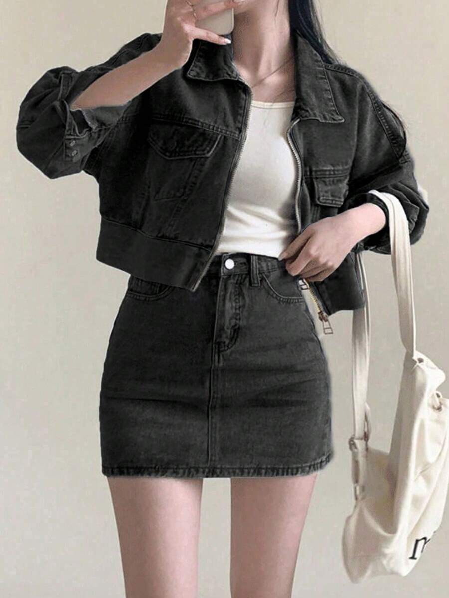 2025新款时尚休闲百搭短款牛仔两件套 - 黑色 - 查看 1