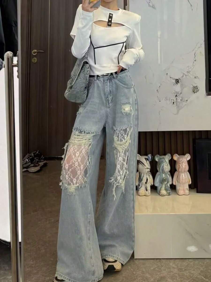 女款復古破洞蕾絲拼接寬腿高腰直筒牛仔褲,春夏休閒秋季款 - 藍色 - 查看 1