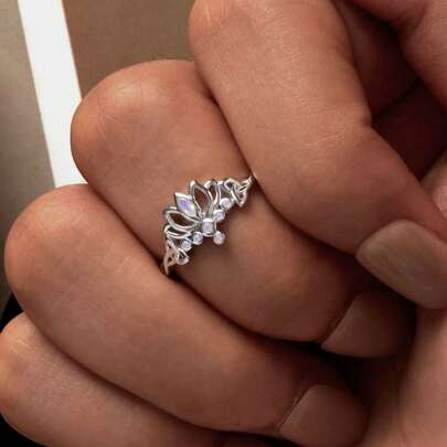 1 pièce Bague en argent sterling 925 Lotus Bague en fleur élégante ouverte pour femmes Platine Plaqué Bague ajustable enveloppante Bijou inspirant Cadeau original
