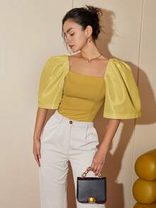 Modern Filipiniana Women's Casual Solid Color Puff Sleeve Square Neck Blouse, Summer Outfits For Women Crop Tops Business Casual - Mustard Yellow - View 5
