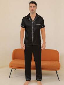 Two Pieces Sets Men's Pajamas With Open Button Top And Pants Set - Black - View 3