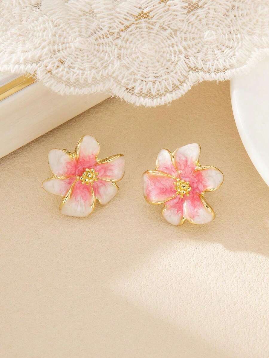 1 Pair Vintage Elegant Gradient Flower Enamel Stud Earrings, Delicate & Feminine Design Suitable For Office Ladies, Festive Events, Gift For Women - Pink Ear Needle - View 1