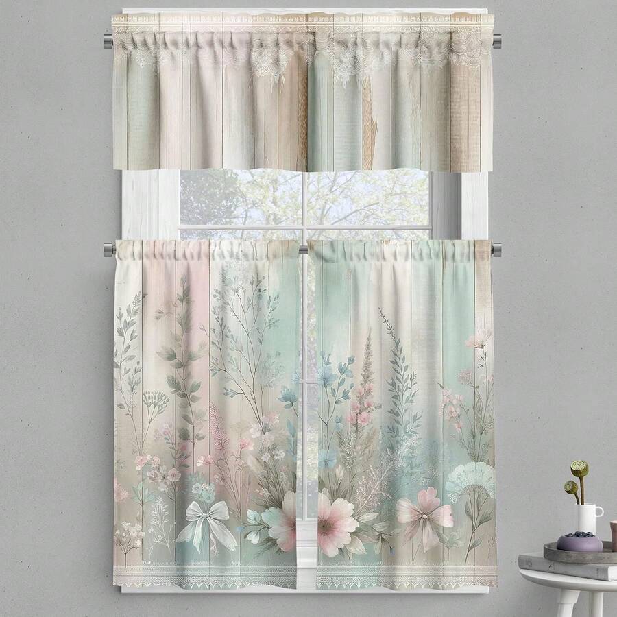 60"X18"1PC Or 28"X40"2PCS Delicate Flowers Pastel Lines With Rustic Back Print Modern, Window Treatments For Kitchen Room Decor, Camel Lavender Beige,2 PCS 28"(W) X 40"(H)+1 PC 60 X 18 Inchs - 杏仁綠 灰色 黃色 - 查看 1