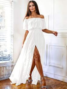 Vestido de Hombros Descubiertos con Volantes Off Shoulder y Abertura Lateral Elegante Para Mujer - Blanco - Ver 1