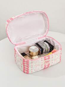 1 Piece Plaid Lace Quilted Pink Zipper Bag Sweet Style Large Capacity Bow&Love Portable Zipper Makeup Bags Fashionable Portable Makeup Bag, Multi-Functional Storage Bag For Lipstick, Sanitary Napkin, Coins, Keys Etc Women Skincare Organizer Bag Print Flower Makeup Organizer Storage Bag Graduation