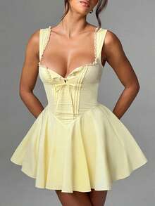 Women's Y2k Mini Corset Dress Deep V Neck Sleeveless Backless Lace Trim Ruffle Hem A-Line Dress Beach Sundress - 黃色 - 查看 1