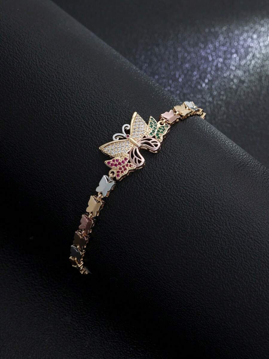 1 pieza Pulsera de encanto de mariposa apilable delicada de oro laminado tricolor, adecuada para uso romántico diario y vacaciones - Pulsera de mariposa - Ver 1