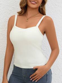 女纯色带胸垫吊带背心宽肩带打底衫吊带抹胸上衣背心抹胸上衣，外穿修身无袖打底小背心，个性时尚简约舒适内搭尤妮超阶吊带打底上衣 - 白色 - 查看 4