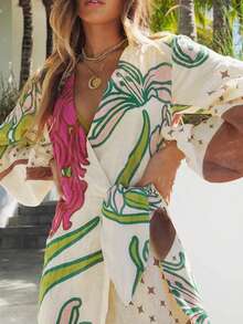 فستان طويل بكشكشة أكمام فانوس مع طباعة رقمية أسلوب عطلة كاجوال جديد لربيع وصيف 2025