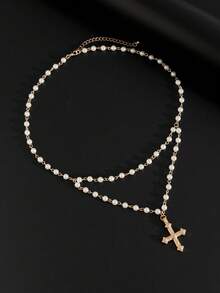1pc Retro Cross Pendant With Beaded Necklace, Men Fashion Versatile Accessory - Gold - View 3