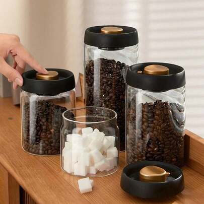 1pc Coffee Bean Sealed Jar, High-Quality Bborosilicate Glass Moisture-Proof Vacuum Pressed Glass Jar, Suitable For Storing Coffee Beans And Grains, Maintaining Freshness And Aroma Back To School