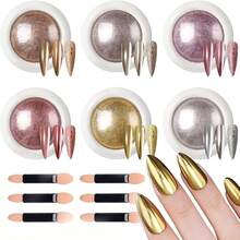 6 Colors  Nail Powder, Silver Gold Metallic Mirror Effect  Nail Powder, Holographic Shiny Nail Art Decorative Pigment Suitable For DIY Gel Polishing, Y2K Holographic Icy Skin Aurora Nail Powder, Fine Mirror Polished 0.5g - 彩色 - 查看 1