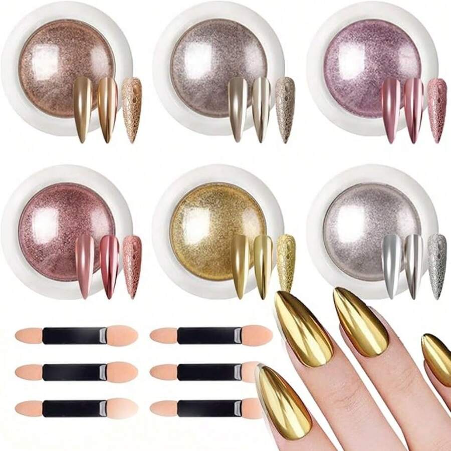 6 Colors Nail Powder, Silver Gold Metallic Mirror Effect Nail Powder, Holographic Shiny Nail Art Decorative Pigment Suitable For DIY Gel Polishing, Y2K Holographic Icy Skin Aurora Nail Powder, Fine Mirror Polished 0.5g - 彩色 - 查看 1