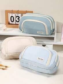 1pc 3-Layer Canvas Pencil Case With Clear Window, High-Quality Japanese Style, Extra Large Capacity Student Stationery Bag (7 Colors),Pencil Pouch,School Bag