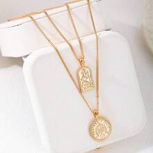 1pc European&American Popular Geometric Circle Coin Pendant Necklace, Double Layered Metal Minimalist Elegant Clavicle Chain For Women - Silver - View 4