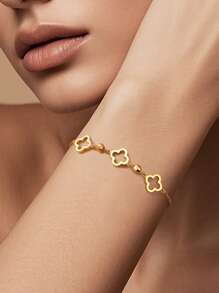 1Pc Exquisite Minimalist 925 Sterling Silver Hollow Four Leaf Clover Bracelet Chain 18K Gold Plated For Daily Wear,Suitable For Mother's Day, Fine Jewelry Gift