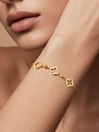 1st utsökt minimalistisk 925 sterling silver ihålig fyrklöver armbandskedja 18K guldpläterad för dagligt bruk, lämplig för mors dag, fina smycken present